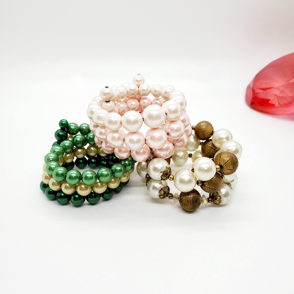 Lot of 3 Vintage faux pearl memory wire bracelets white gold cream wristie retro - Picture 5 of 7